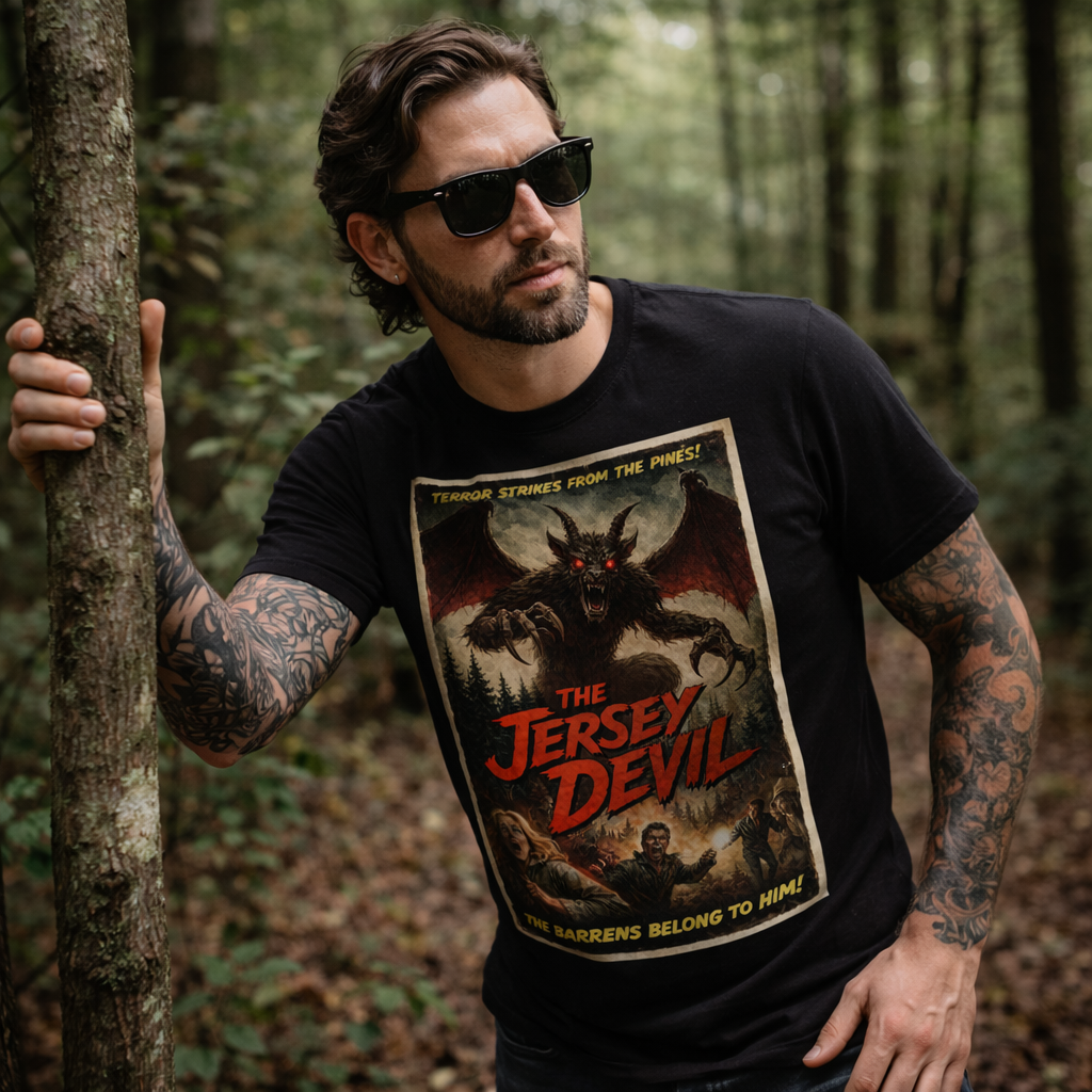 Man wearing a black t-shirt with 'The Jersey Devil' graphic design in a forest setting