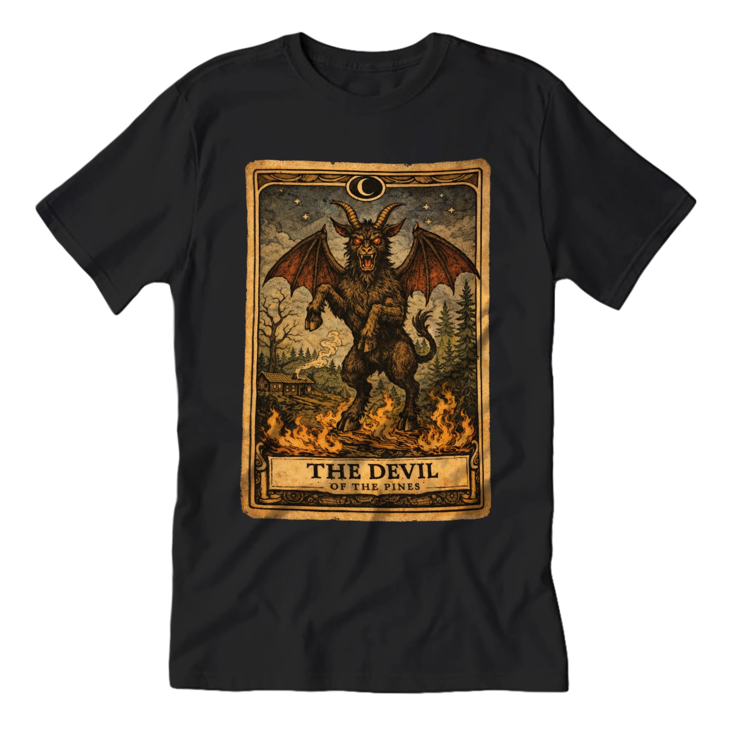 Black t-shirt with 'The Devil' tarot card design on a white background