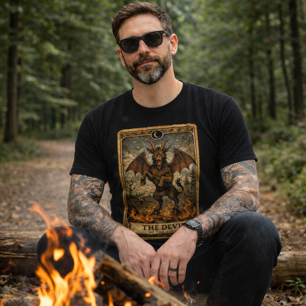 Man sitting by a campfire wearing a black t-shirt with a graphic design, surrounded by trees.