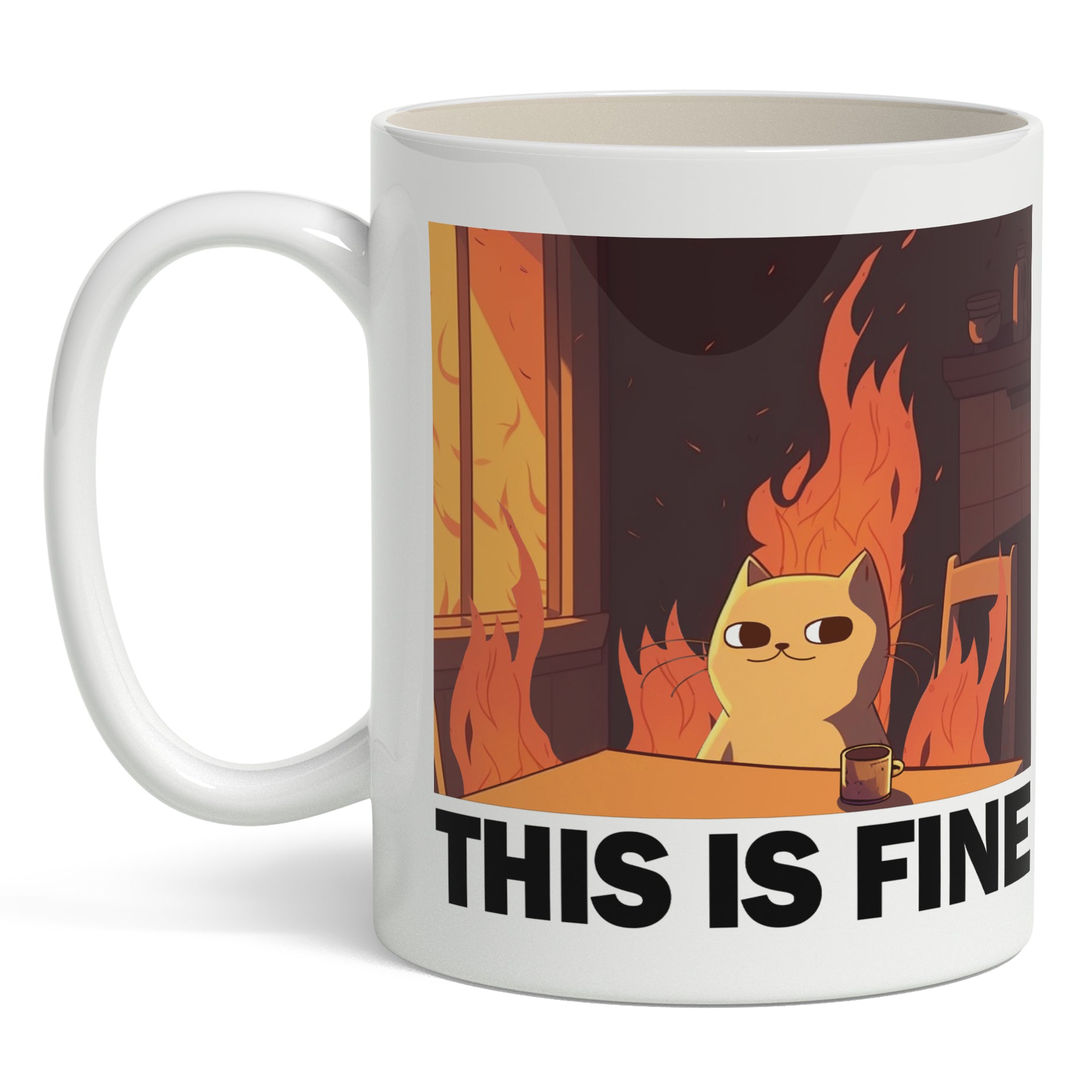 Mug with a cat in a burning building and 'This is Fine' text on a white background