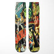 Pair of socks with vintage movie poster designs featuring 'Bacula' and 'Frankenstein'.