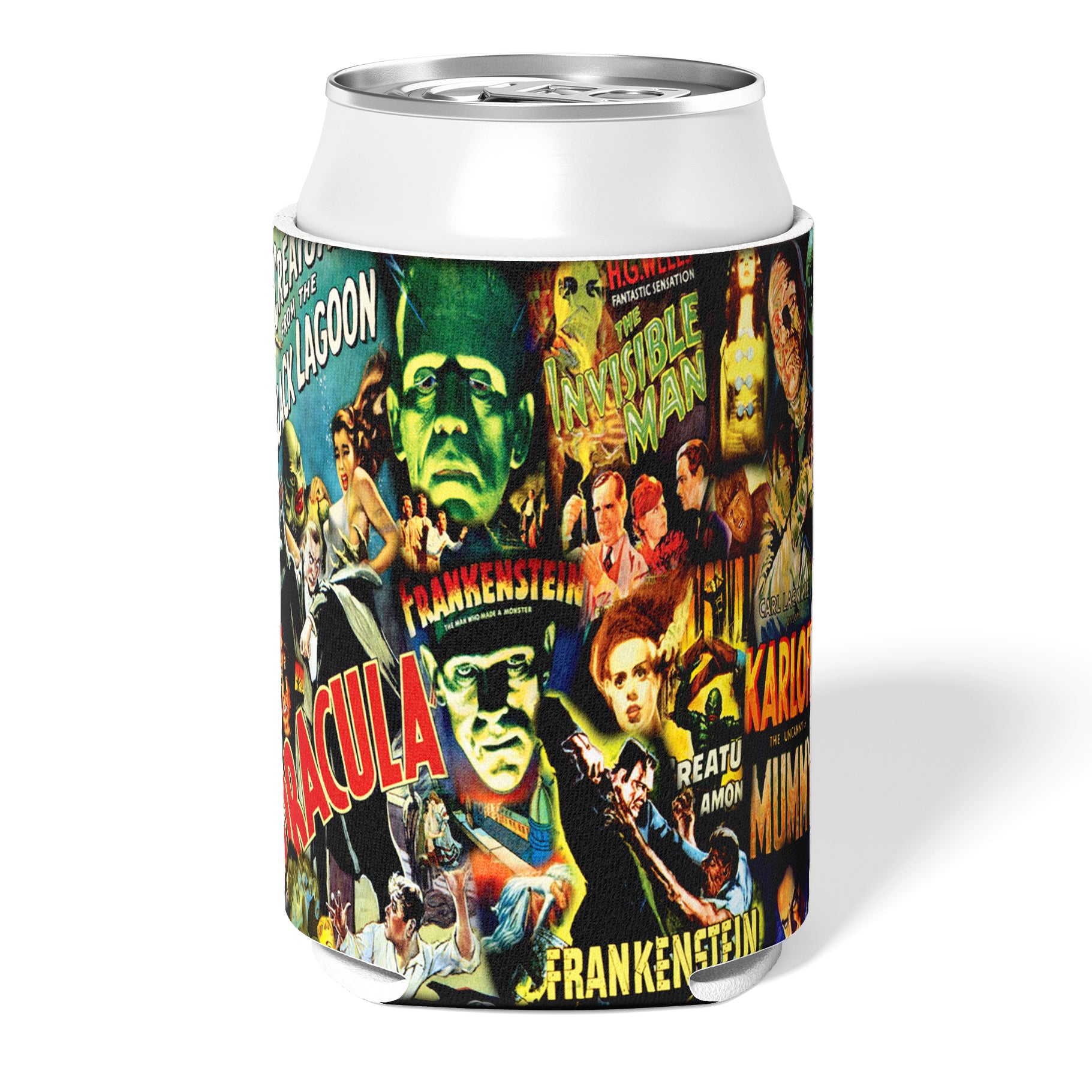 A collapsible can cooler featuring classic Universal Monsters horror movie motifs and characters.