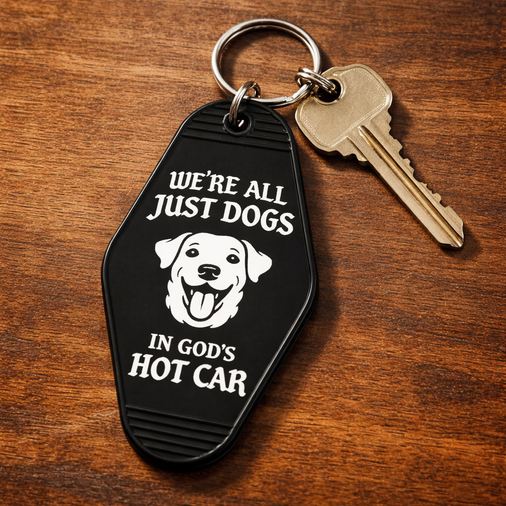We're All Just Dogs In Gods Hot Car Room Keychain - Shady Front