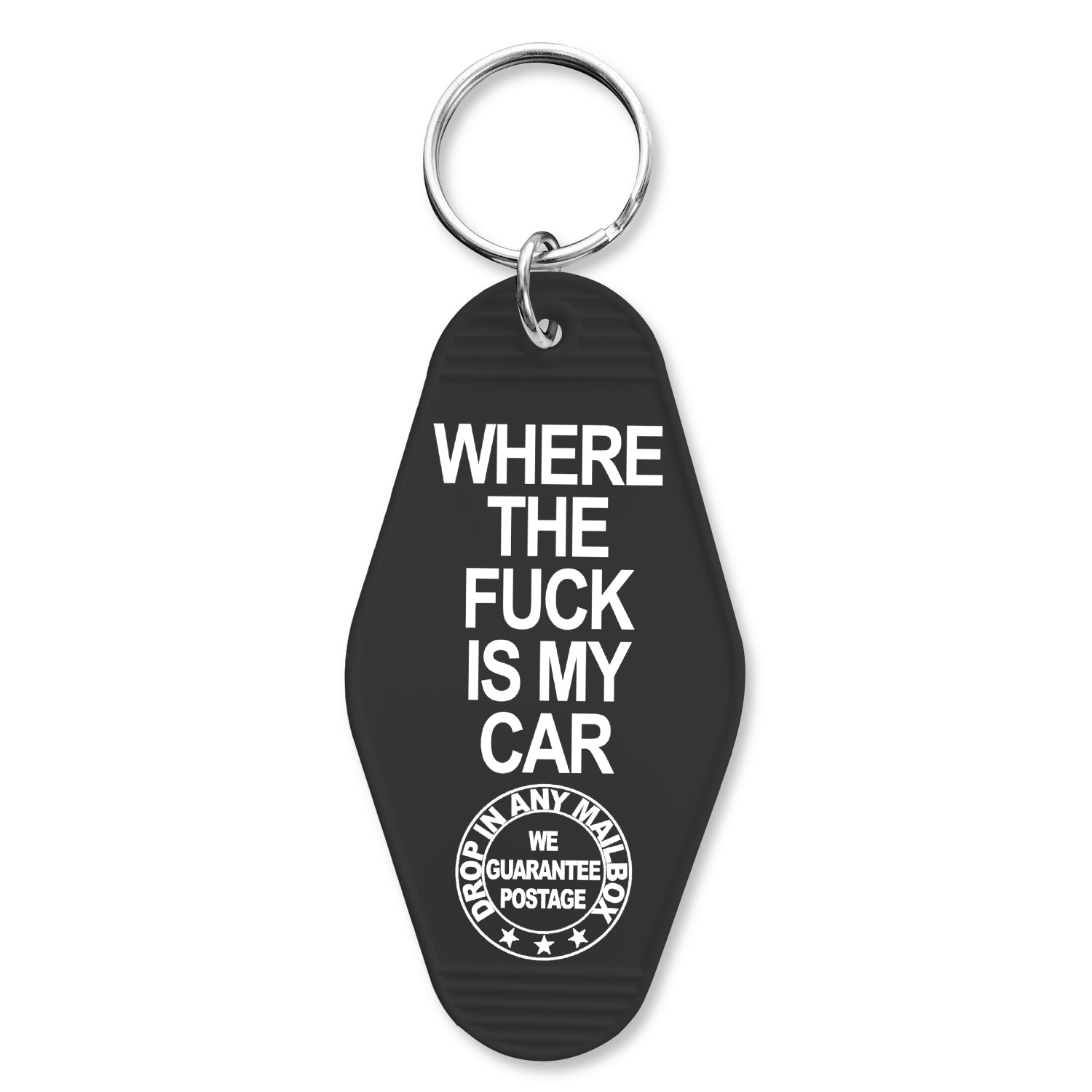 A black keychain with white text 'WHERE THE FUCK IS MY CAR' printed on one side, featuring a metal split key ring.