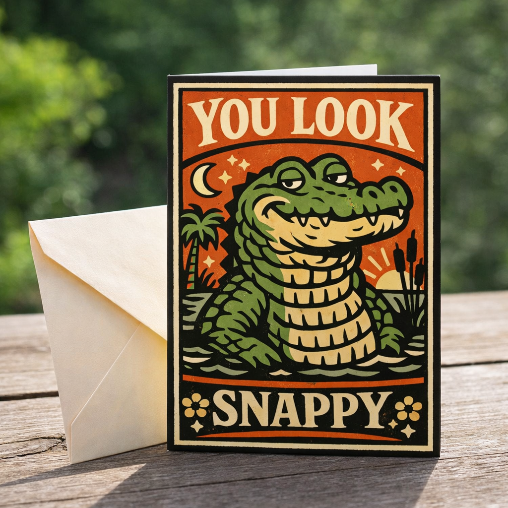 Greeting card with an alligator illustration and text 'You Look Snappy' on a wooden surface.