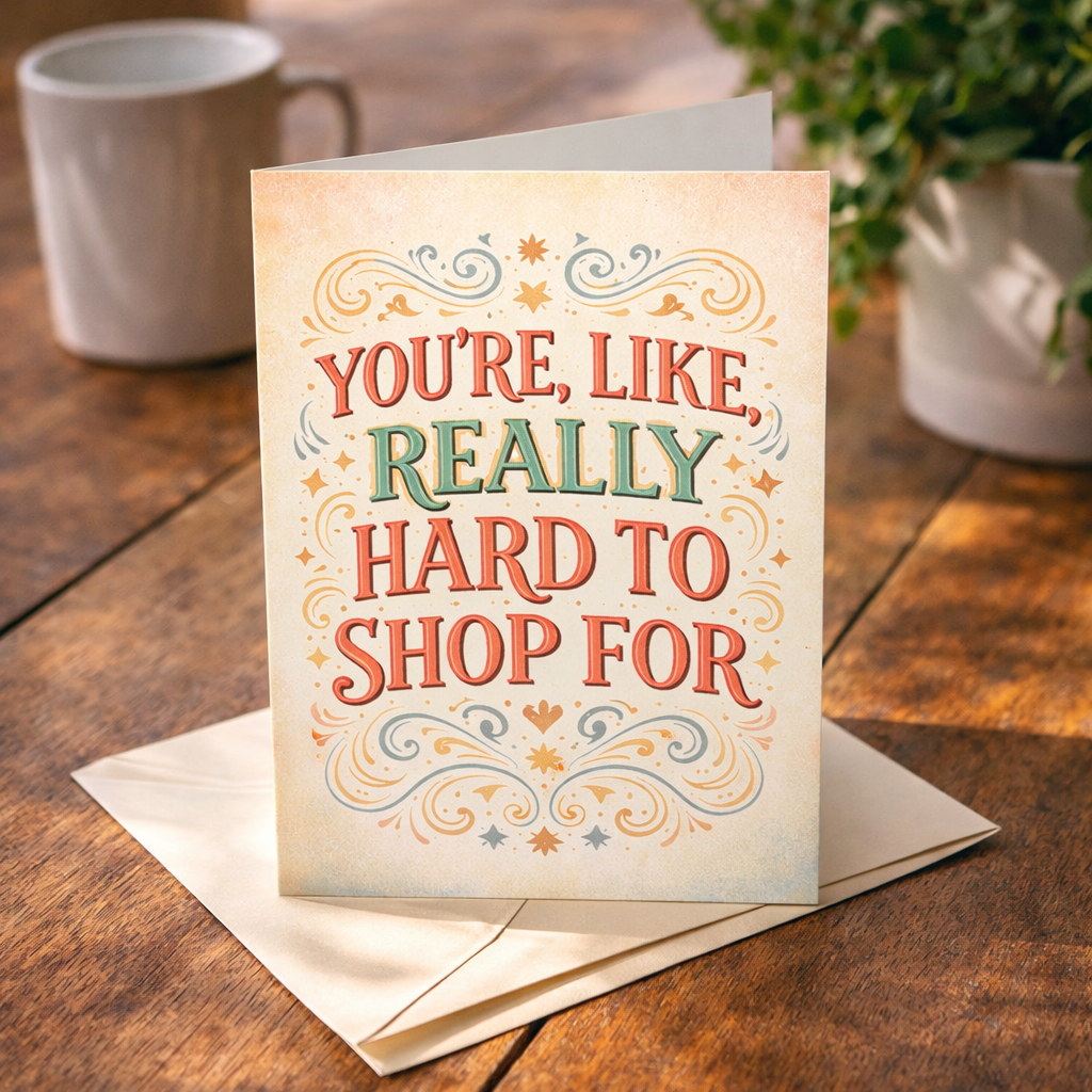 Greeting card with decorative text on a wooden surface with a mug and plant in the background