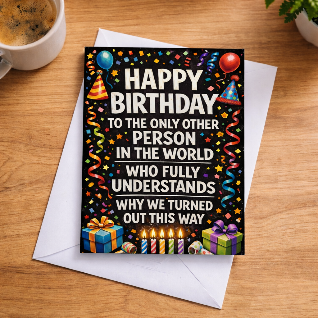 Birthday card with colorful text and graphics on a wooden surface with a cup of coffee.