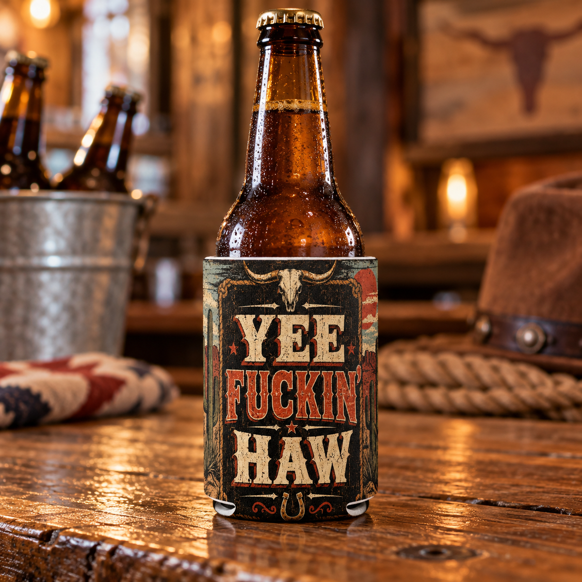 Wholesale Yee Haw Long Horn Koozie - Shady Front