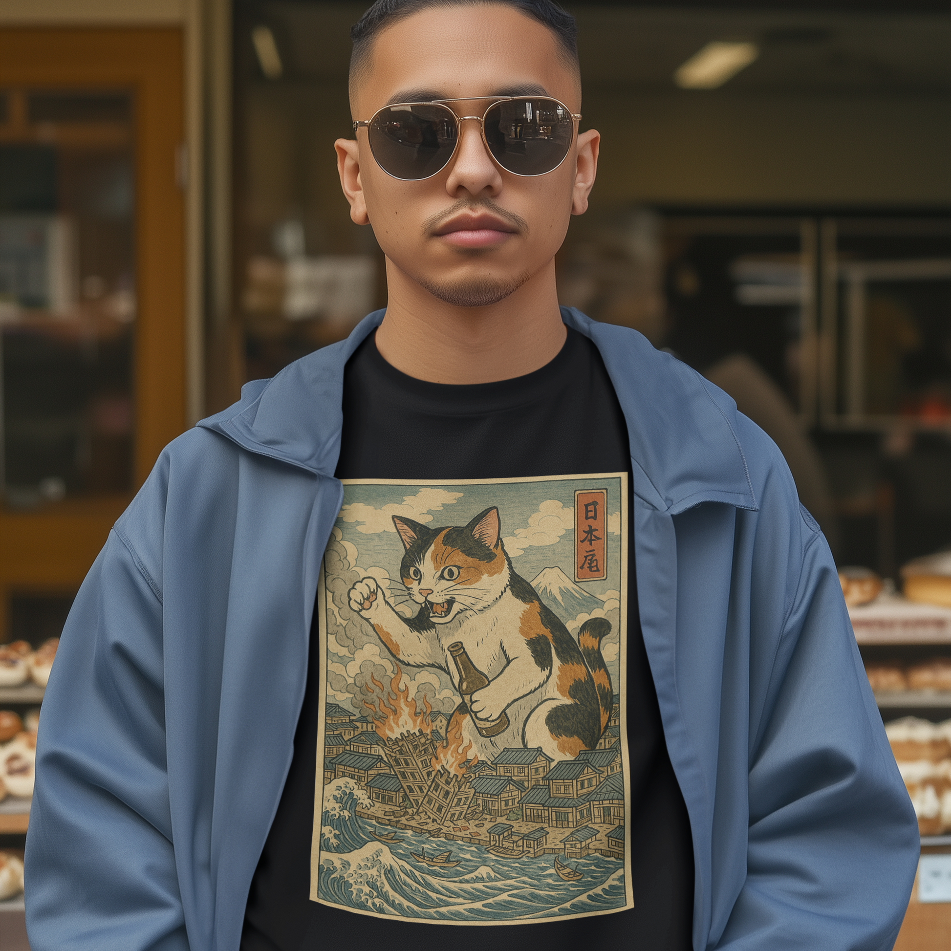 Cat Destroying City Ukiyo-E T-Shirt - Shady Front