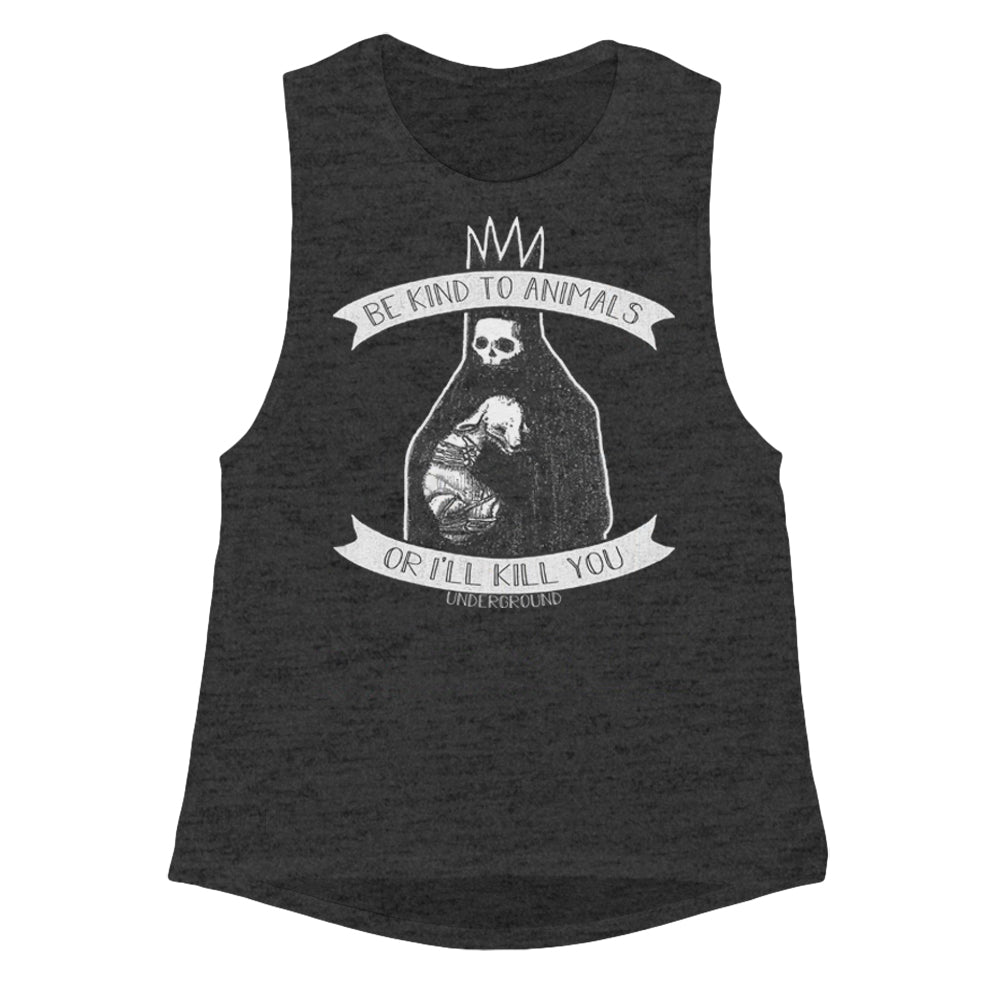 Girls' black tank top with a graphic of a skeleton and the phrase 'BE KIND TO ANIMALS' or 'OR I'LL KILL YOU' printed on the front.