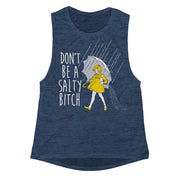 A navy blue girls' tank top with the phrase 'DON'T BE A SALTY BITCH' printed on the front, featuring a graphic of a woman holding an umbrella.