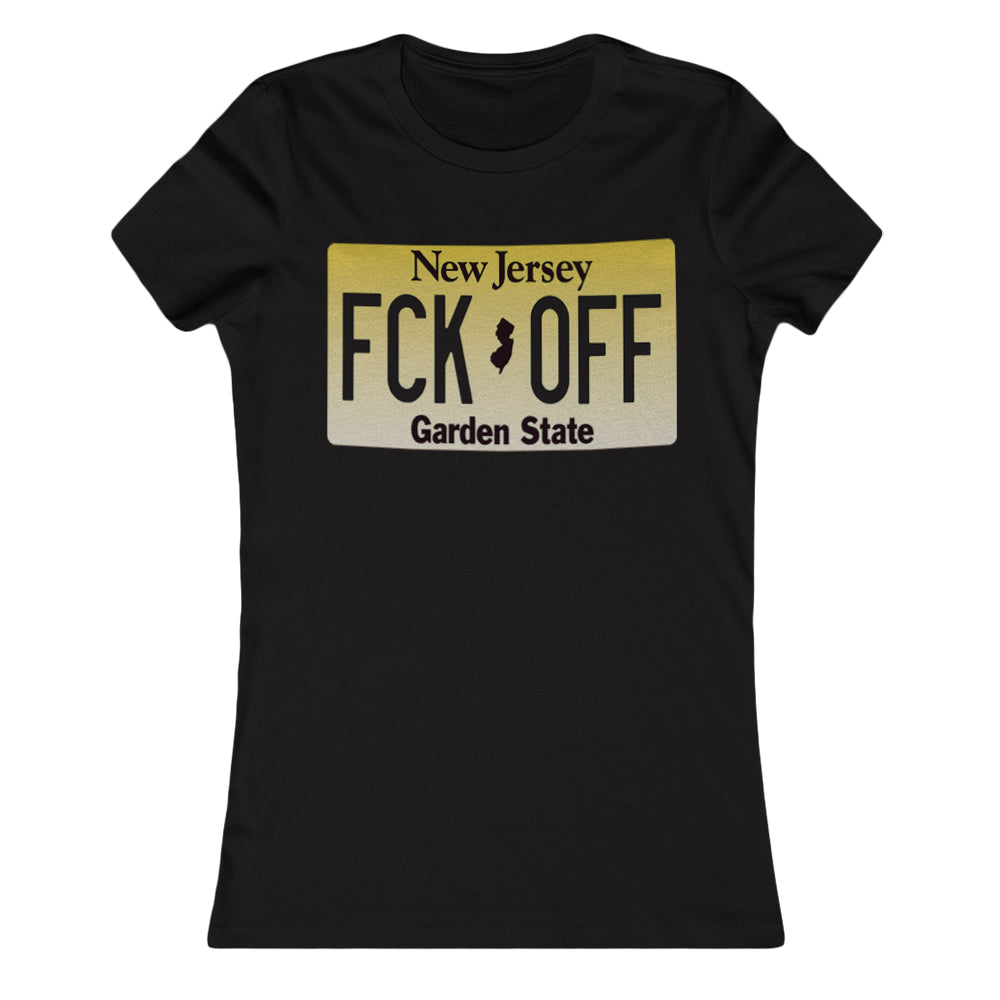 A black t-shirt with a graphic of a New Jersey license plate that reads 'FCK OFF' in a stylized font, representing the product's theme.
