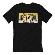 Black t-shirt with 'New Jersey JRSY GIRL Garden State' text printed on the front in a stylized license plate design.