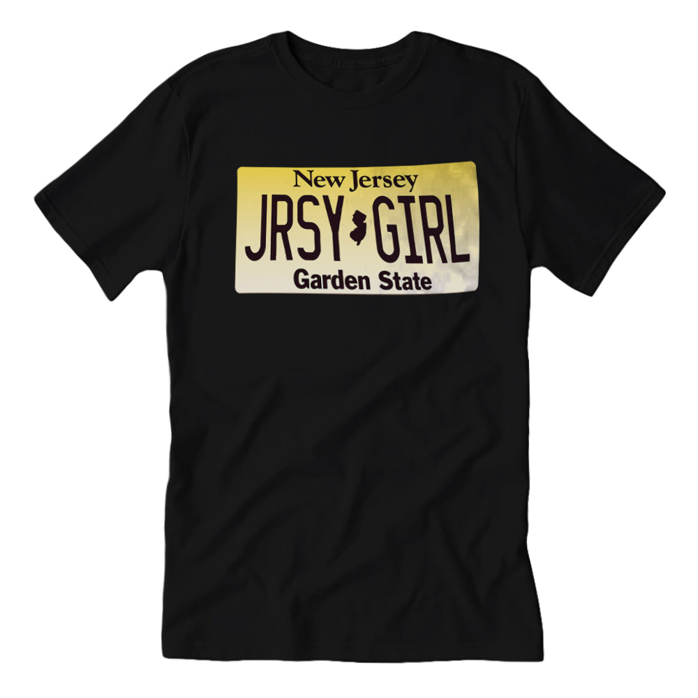 Black t-shirt with 'New Jersey JRSY GIRL Garden State' text printed on the front in a stylized license plate design.