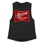A black tank top with a red graphic that says 'Jersey High Life' on the front.
