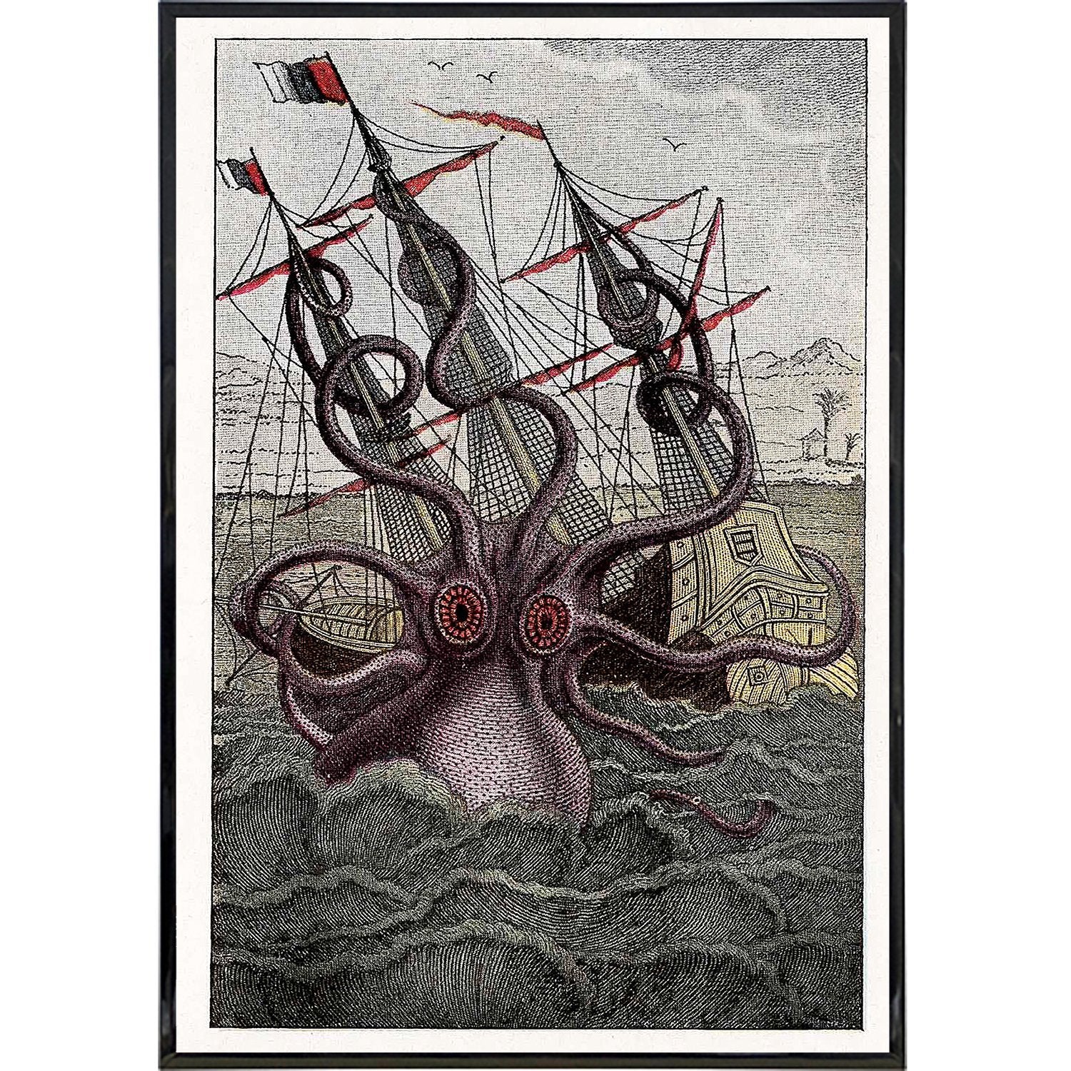 Kraken Illustration Vintage Print - Shady Front / Wholesale Prints, Patches, Buttons, Greetings Cards, New Jersey Apparel, Stickers, Accessories