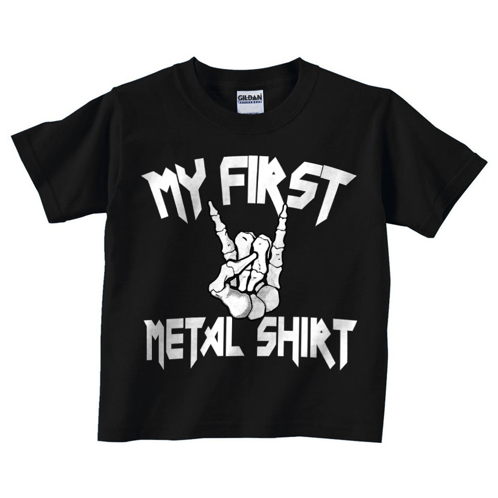 Black kids' t-shirt with the text 'MY FIRST METAL SHIRT' and a hand gesture graphic in white.